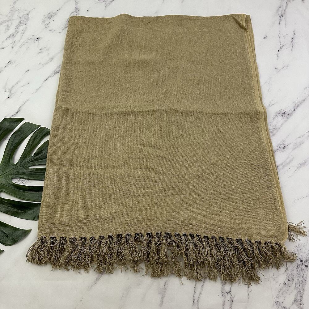 Pottery Barn Linen Cotton Blend Throw Blanket Tan Brown Fringe Woven 50x60 in - Picture 1 of 5